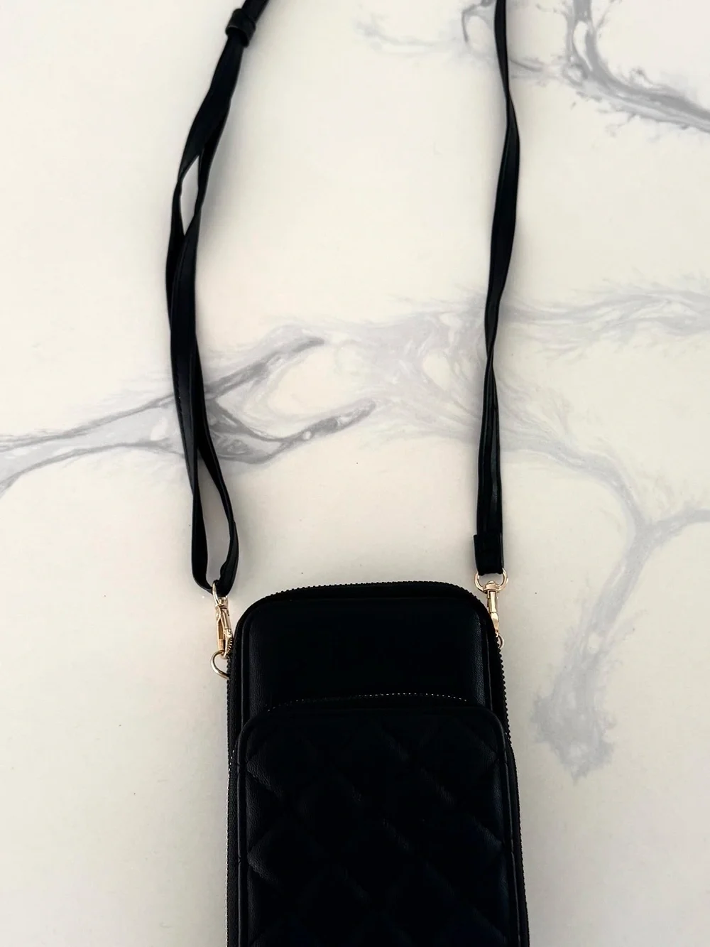 Elegant Black Crossbody Bag with Gold Accents - Minimalist Carry